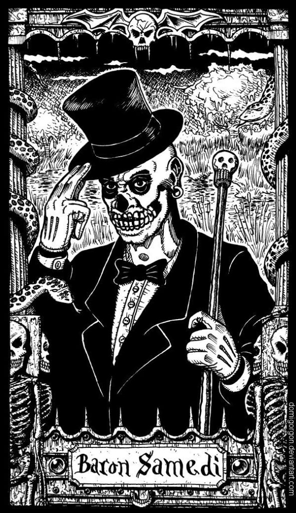 Baron Samedi wearing a top hat, black tuxedo and dark glasses